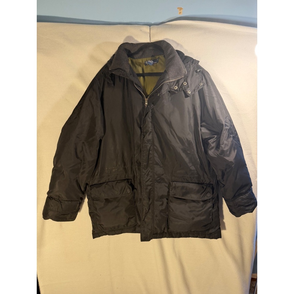 Polo Ralph Lauren Mens XL Down Filled Parka Jacket Black Olive Green Lining Hood